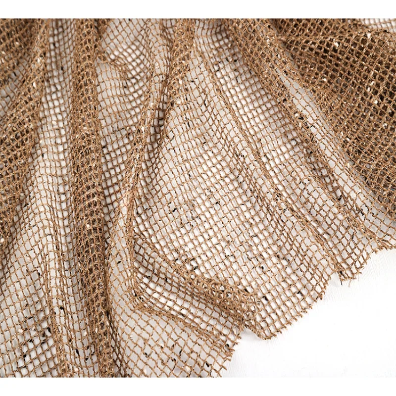 Caramel Brown Grid Retro Vintage Knitted Fabric Hollow Perspective Texture Handmade DIY Clothing Designer Fabric