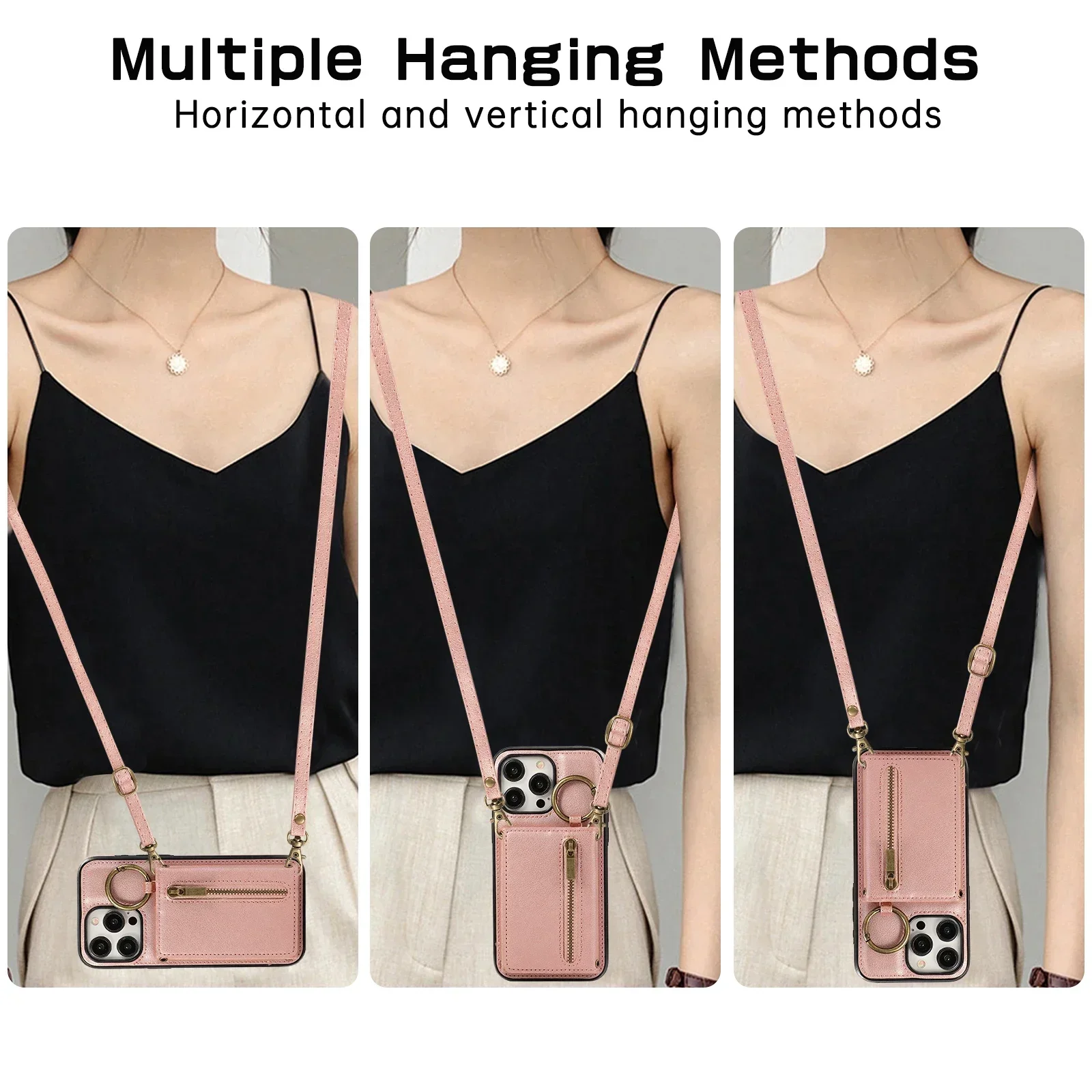 Crossbody Cards Solt Triple Wallet Leather Zipper Case For iPhone 15 16 Pro Max 14 Plus 13 12 11 XS XR SE2022 Ring Holder Cover