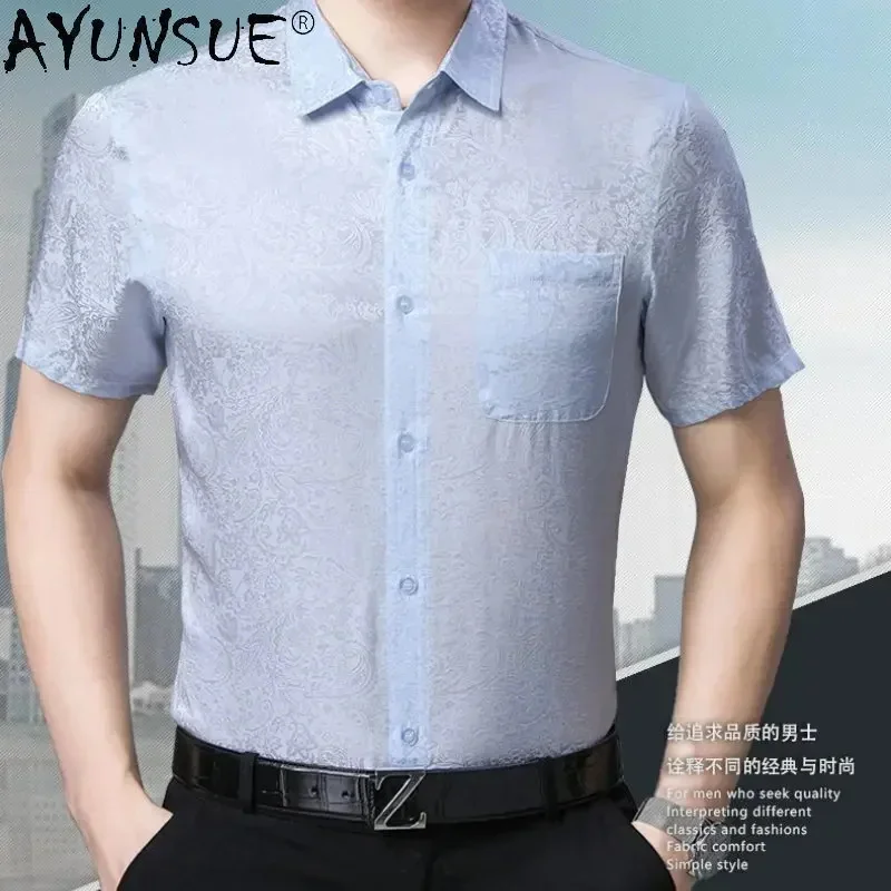 

AYUNSUE 100% Mulberry Real Silk Shirt for Men New Short Sleeved s 's Clothing Stand Collar Pockets T Camisetas