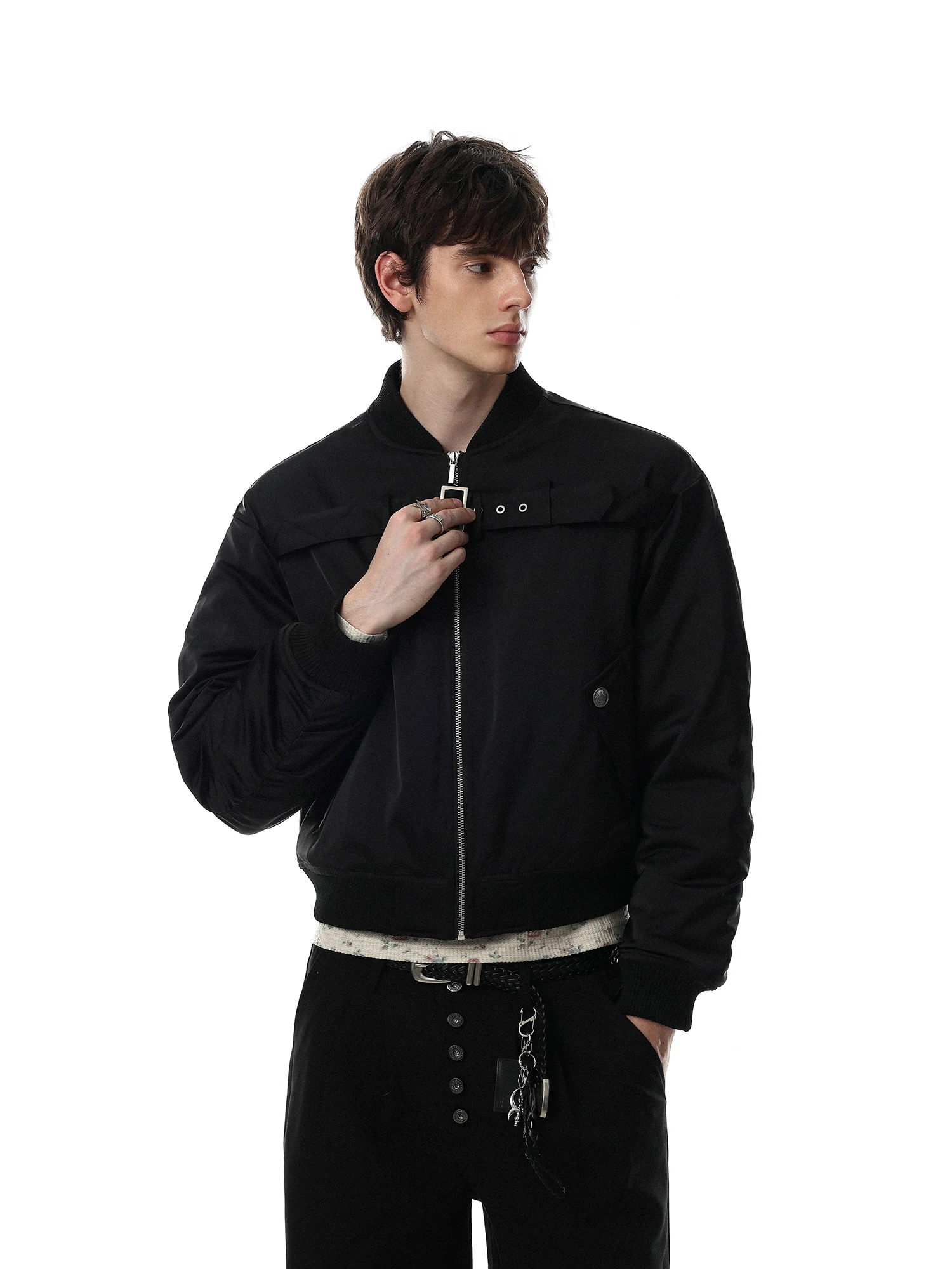 Men's Biker Style Cotton Jacket Warmth Pure Color Chest Buttoning Thickened Polyester Fiber Zipper Closure Short Coat