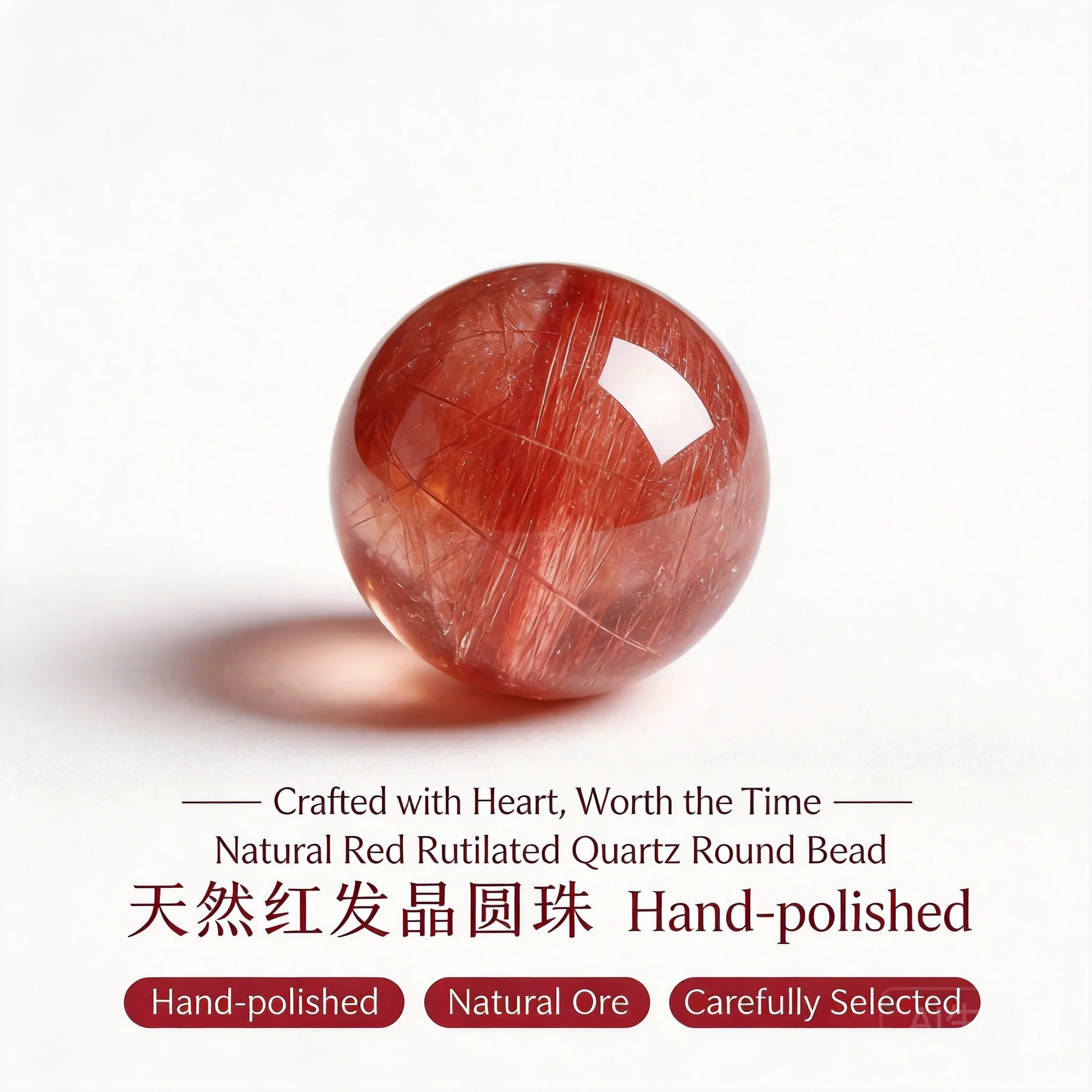 Perle ronde en quartz rutilé rouge naturel, style chinois, porte-bonheur, attirant la richesse, perle en vrac pour bracelet ou collier DIY