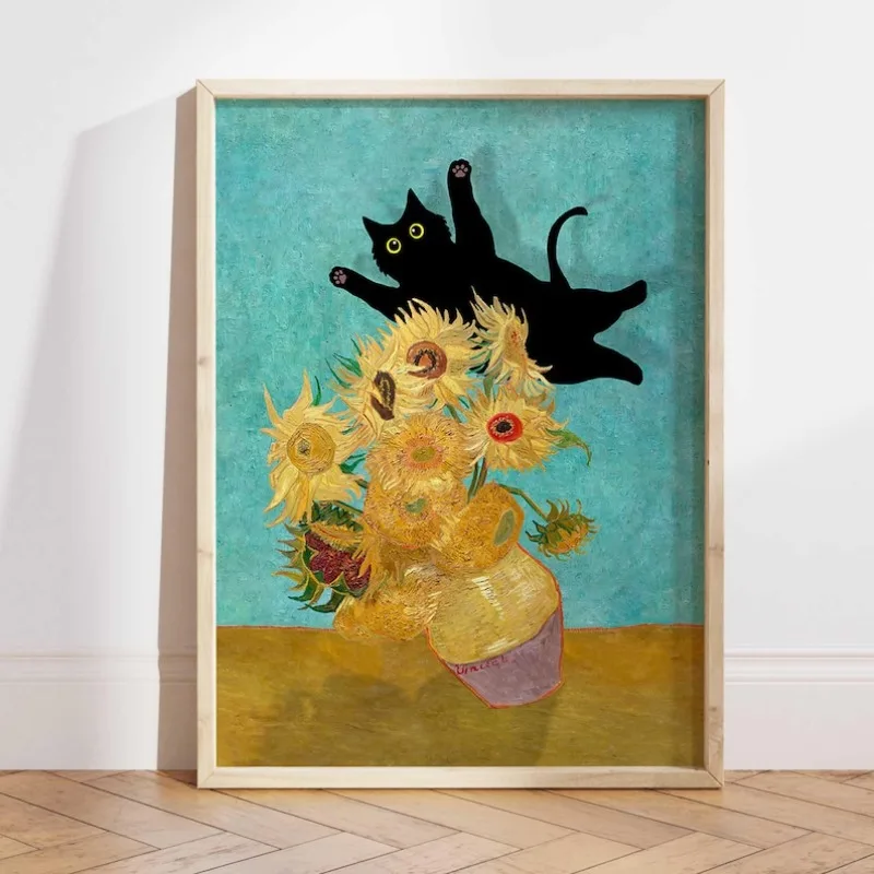 

2D/Flat Frameless Black Cat Sunflowers Canvas Poster, Modern Funny Cat Illustration Wall Art Print for Living Room Decortions