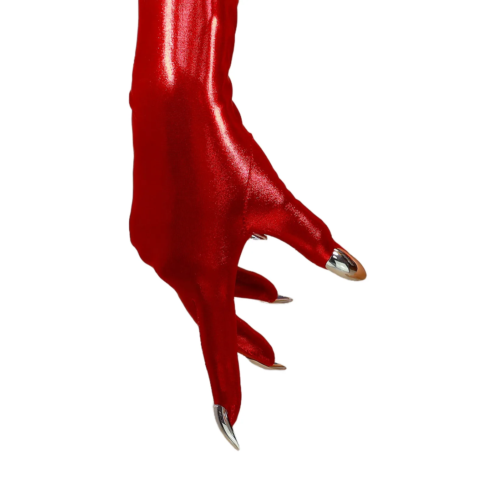 70cm LONG GLOVE with NAIL METALLIC Shine Red Liquid Glow Thin Slim Touchscreen Evening Cosplay Fashion Costume Halloween Gloves