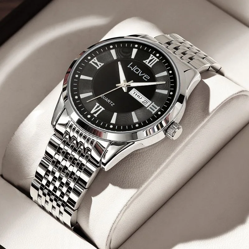 Men's Watch High End Calendar Luminous Steel Wristband Fashion Trend Classic Business Quartz Watch Clock Gift