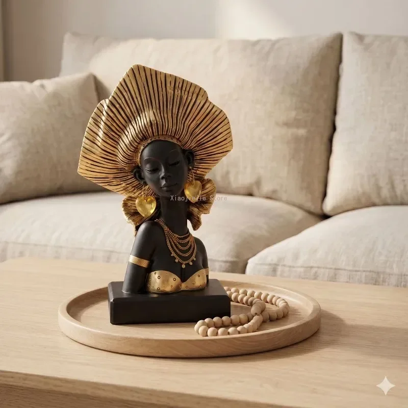 African Female Bust Resin Statue, Colorful Tribal Ethnic Sculpture, Desktop Art Ornament for Living Room Home Decor