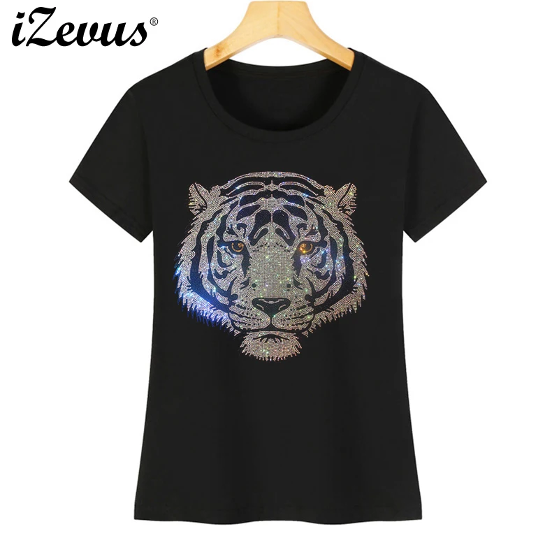 Hot sale high quality Eurasian beauty dress summer cotton casual T-shirt, white tiger head drill figure T-shirt