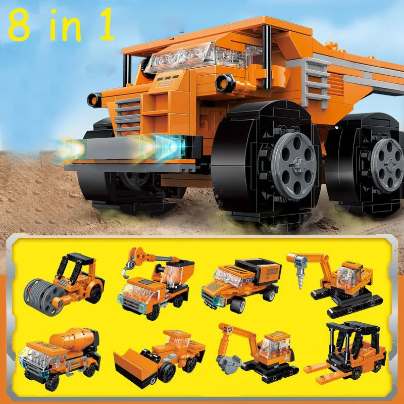 New Genuine Building Block Engineering Heavy-Duty Transport Truck 8 In1 Excavator Road Roller Assembled Kids Puzzle Toys Gifts