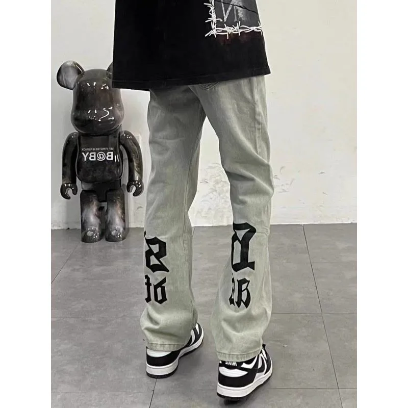 

American Style Street Print Jeans Fashion Brand Handsome Men's and Women's Spring and Autumn Straight Loose Washed Denim Pants