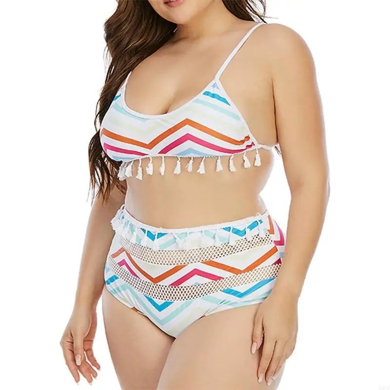 

X9FF женский комплект бикини из 2 предметов больших размеров в радужную волнистую полоску с кисточками, сетчатый пляжный