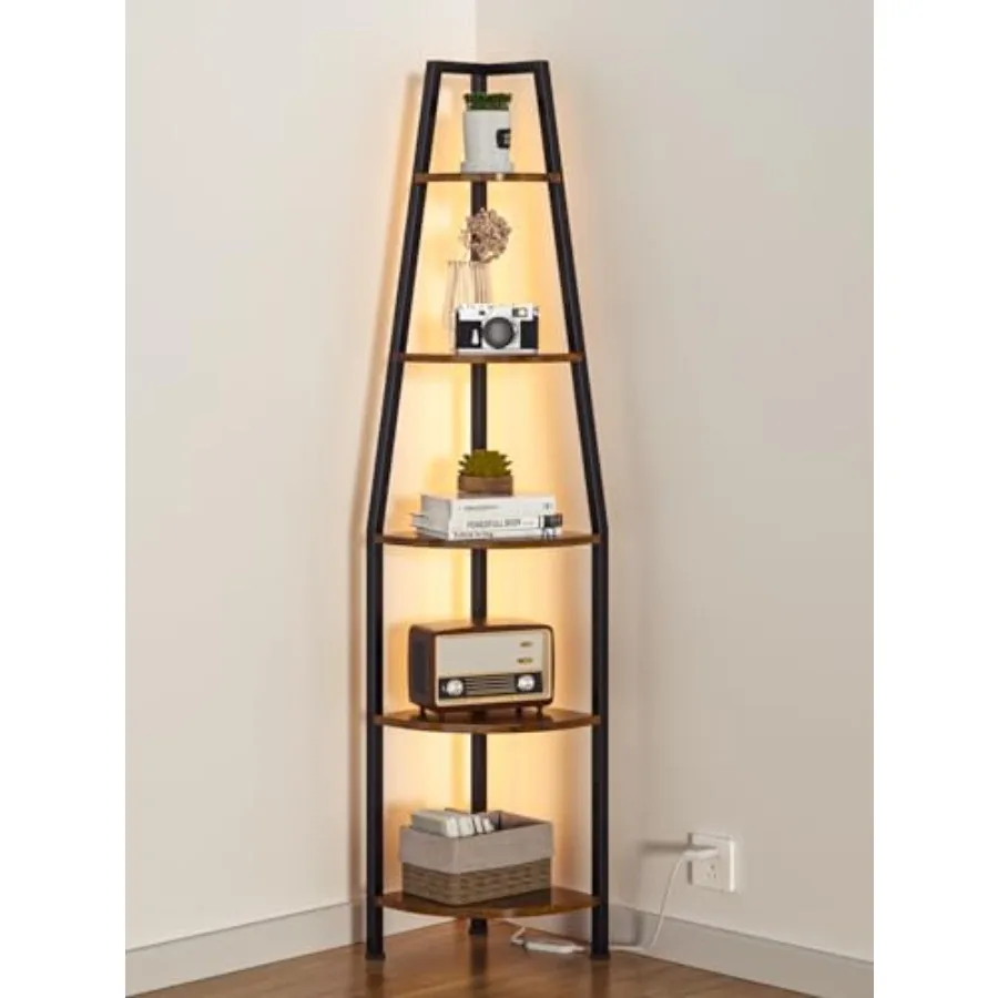 

5 Tier Corner Shelf with LED Light 67.2 Tall Standing Shelf for Wall Corner Narrow Bookshelf Ladder Shelf for Bedroom Living Ro