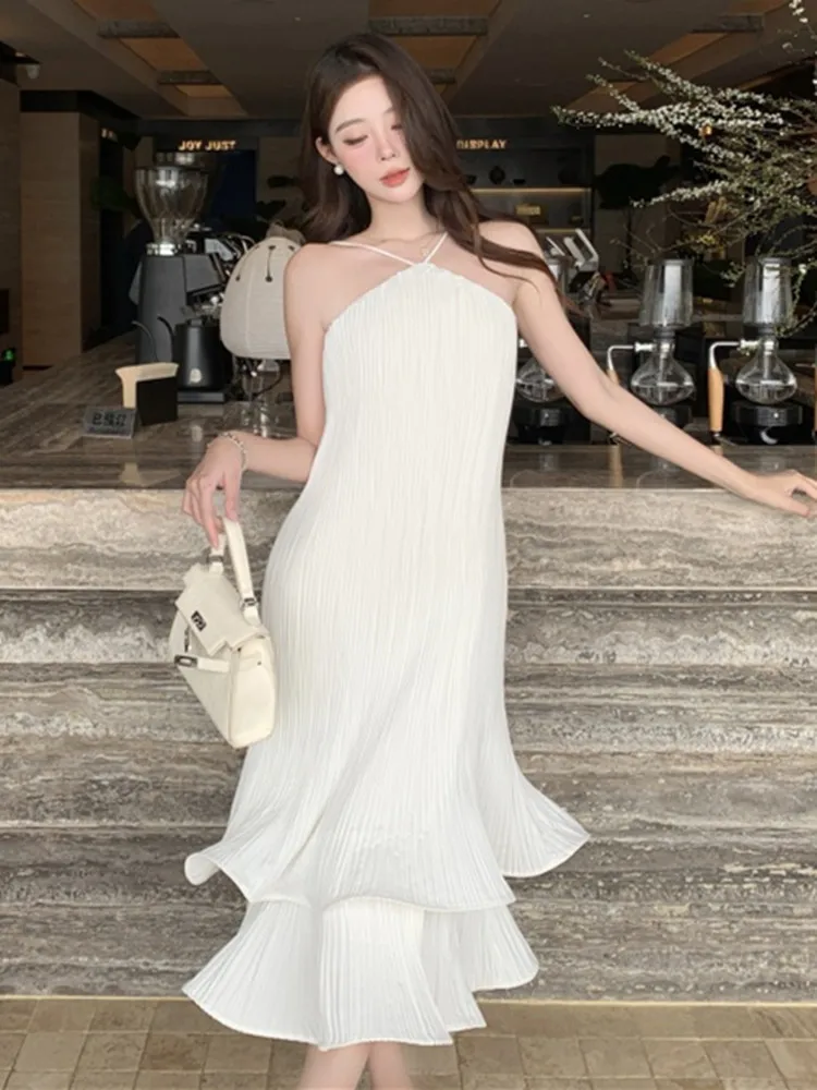 

Однотонное платье на тонких бретельках с оборками для женщин, сексуальное утреннее платье без рукавов с лямкой на шее, летние платья с волнами Fema