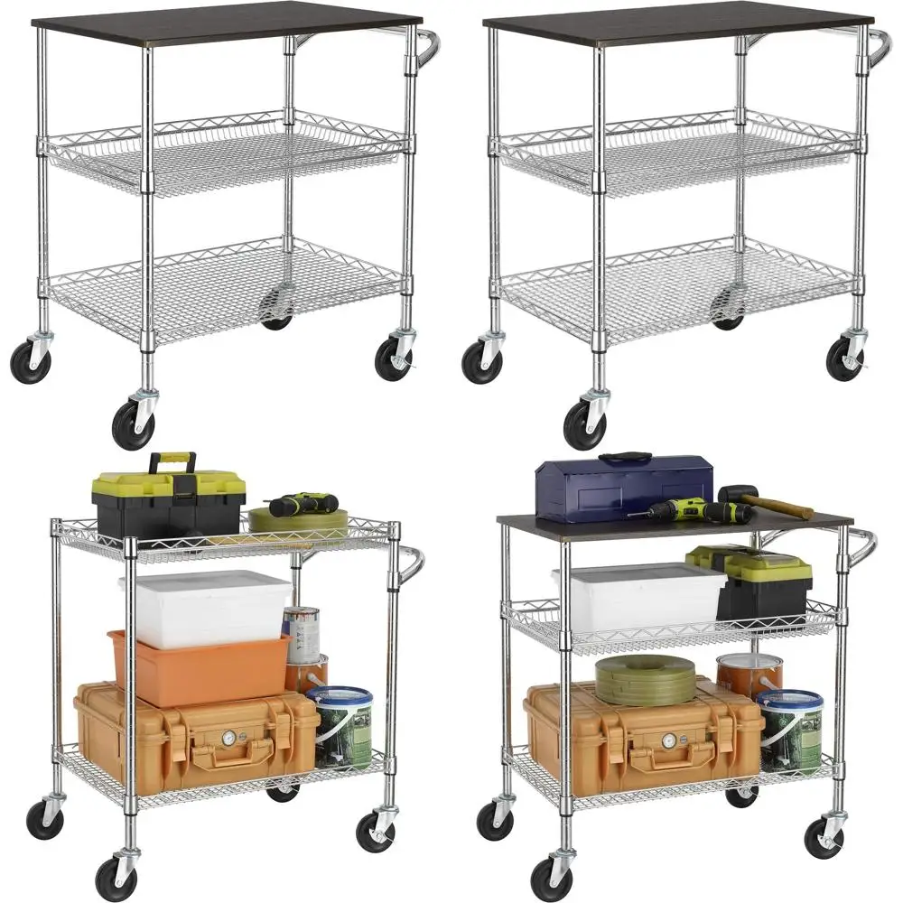 

Commercial Grade 3-Tier Utility Cart with Wood Top, Wire Rolling Cart, Steel Trolley for Food Storage, NSF Certified