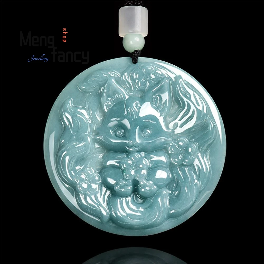 

Natural A-grade Jadeite Blue Water Nine-tailed Spirit Fox Baby Pendant Soft Jade Cute and Unique Women's Style Exquisite Jewelry