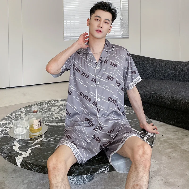 2024 Summer New Arrival Pajamas Men's Thin Ice Silk Short-Sleeved Shorts Simple Style Suit Plus Size Casual Home Clothes