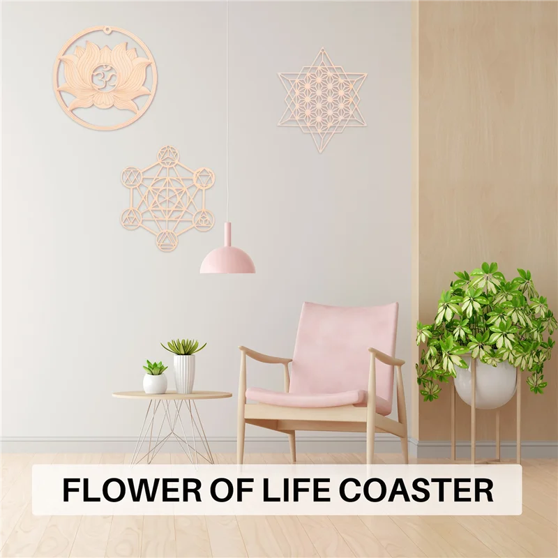 ABVA-8Pack 14Cm Wooden Wall Sign Flower Of Life Shape Coaster Wood Wall Art DIY Coaster Craft Making Geometry