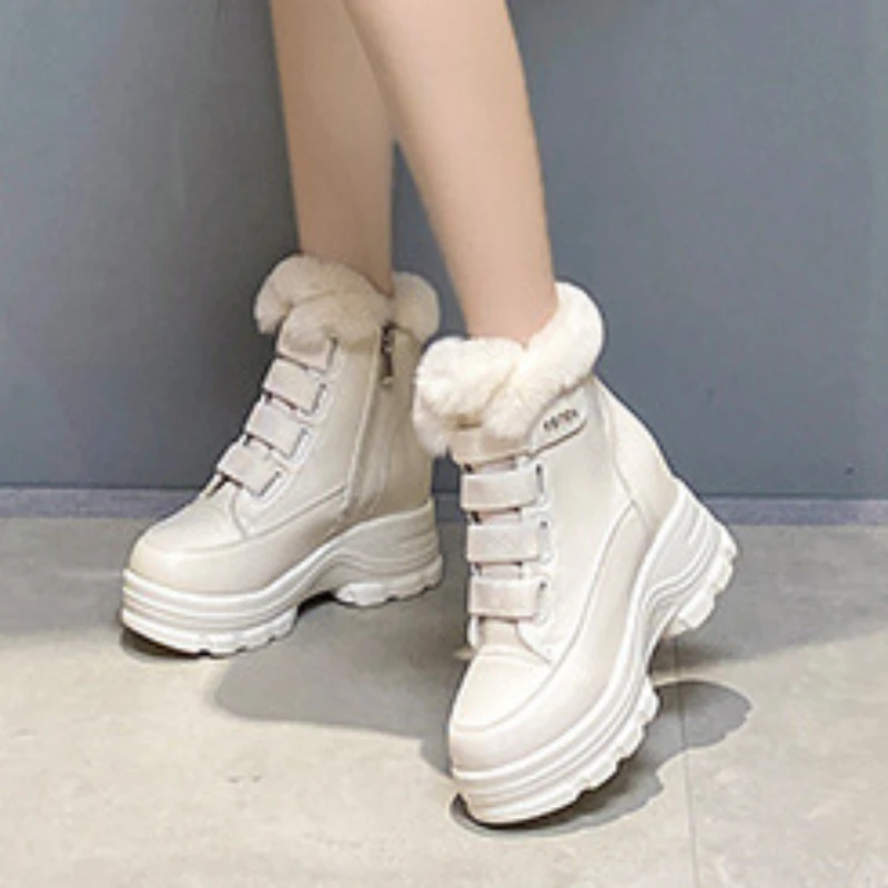 Women\'s Fur Snow Boots Winter Thick Bottom Short Boots Heels Round Toe Warm Plush Platform Boots Fashion Causal Ankle Boots