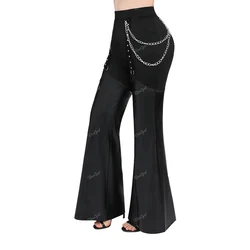 ROSEGAL Plus Size Black Flare Pants Chain O-Ring PU Leather Patchwork Grommet Pocket Trousers 2023 Women Fashion Casual Pants 4X