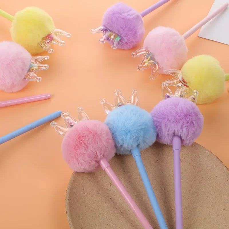 16PCS  Korean version sweet and lovely girl heart diamond crown hair ball neutral pen student creativity water-based ball pen