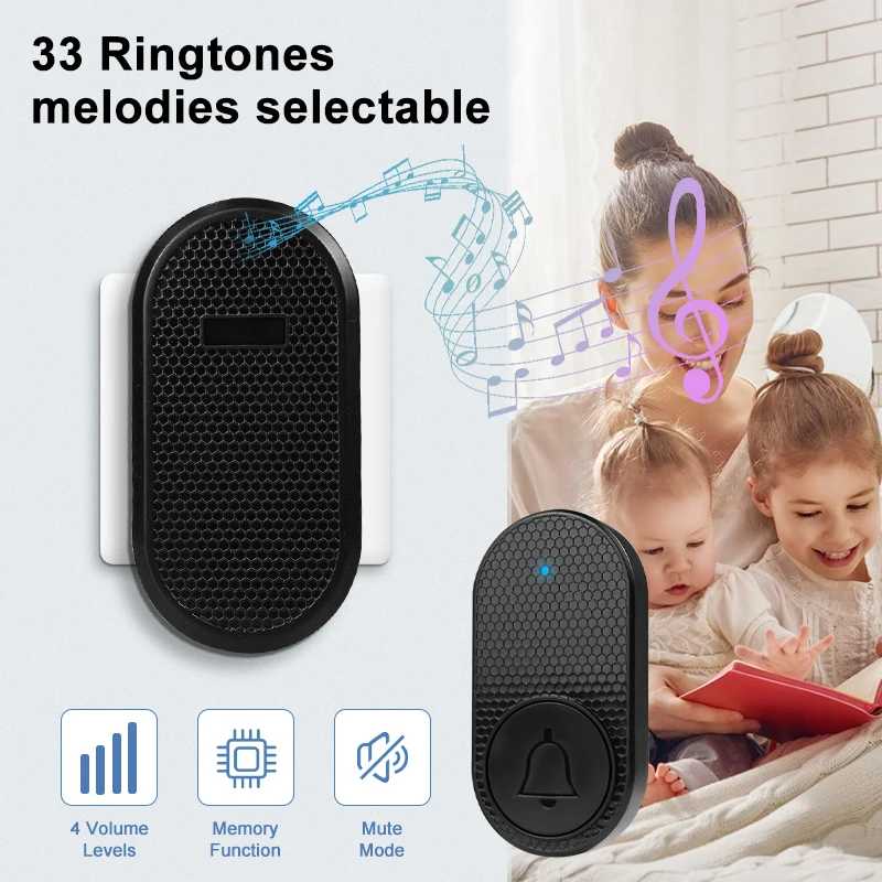 Wireless Doorbell Smart Home Welcome DoorBell Waterproof 32 Songs 4 Level Volume Intelligent DoorBell Chime Kit US/EU Plug