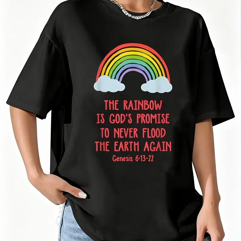 The Rainbow Is God's Promise Never Flood the Earth Again Women's 100% Cotton T-Shirt Fun Print Short Sleeve Top Casual Round Neck Tee S-5Xl