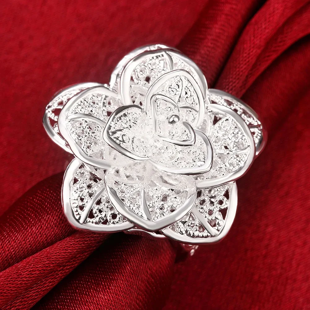 

Hot 925 Sterling Silver big flower Ring For Women Fashion Party Wedding fine luxury Jewelry Popular brands Holiday gift
