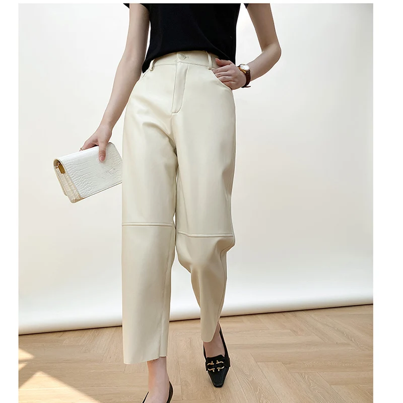 Fashion Women\'s Clothes Slim High-elastic Nine-point Straight Leather Pants Simple All Match High-waist Pants Early Autumn 2023