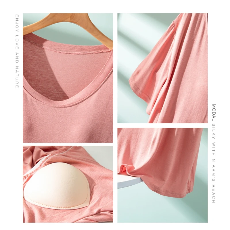 Women's Modal Short Sleeve T-Shirt Mid-Length Thin Summer Top with Chest Pad No Bra Needed Summer Outerwear Loose Fit