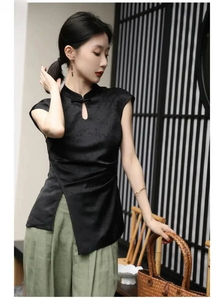 

Новинка 2025 года, винтажный топ Ципао в китайском стиле, повседневный улучшенный топ, сексуальный ажурный темпераментный жаккардовый топ без рукавов, топ с разрезом на пуговицах