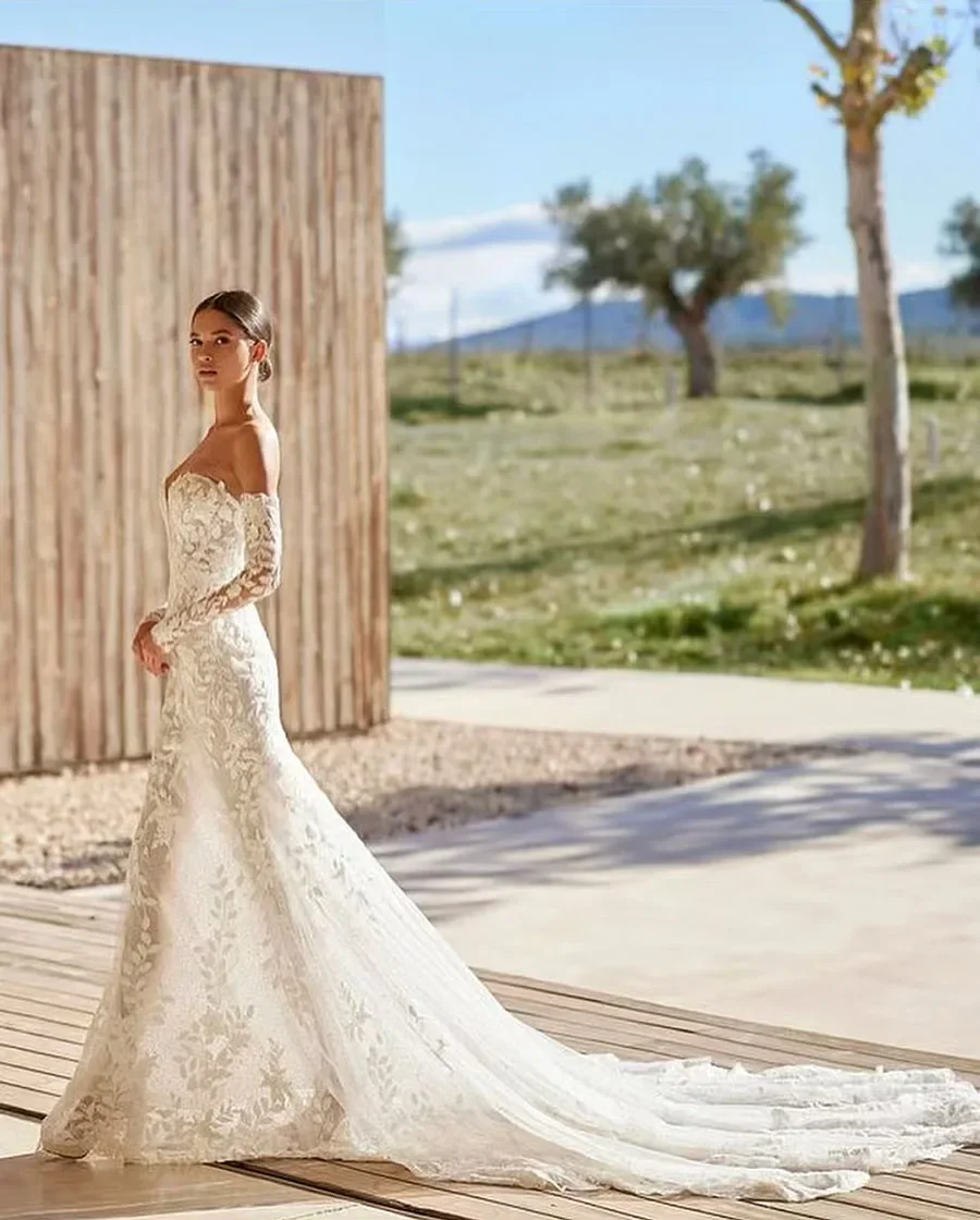 Customized Elegant Lace Appliques Mermaid Wedding Dresses for Bridal 2025 Detachable Long Sleeves Sweetheart Vestido de novia