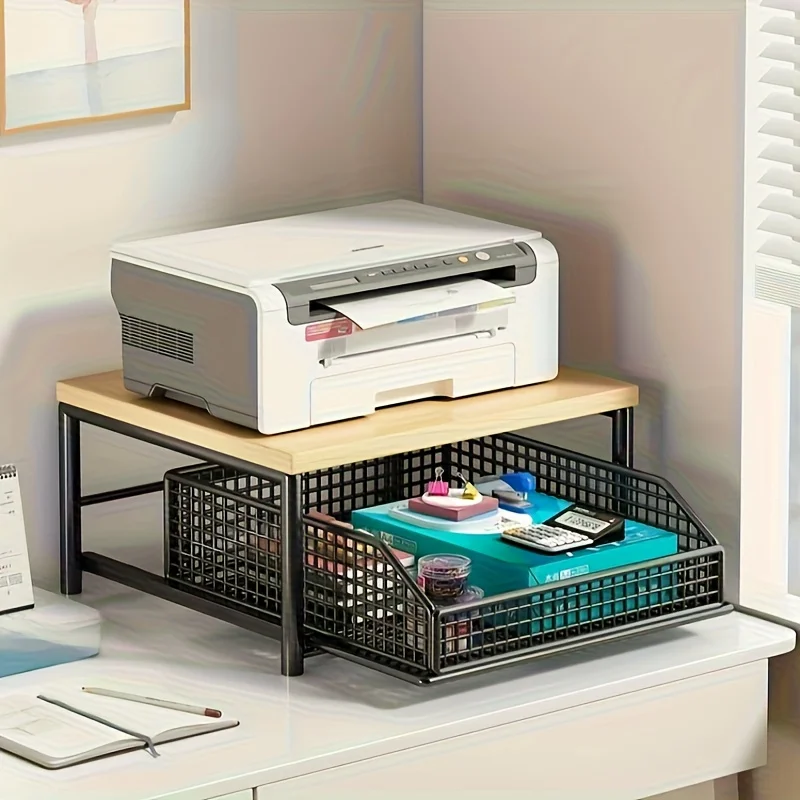 منظم سطح المطبخ مع درج وسلة سلكية - رف تخزين قوي من الخشب الصلب والمعادن بطبقتين لصانعة القهوة والأواني