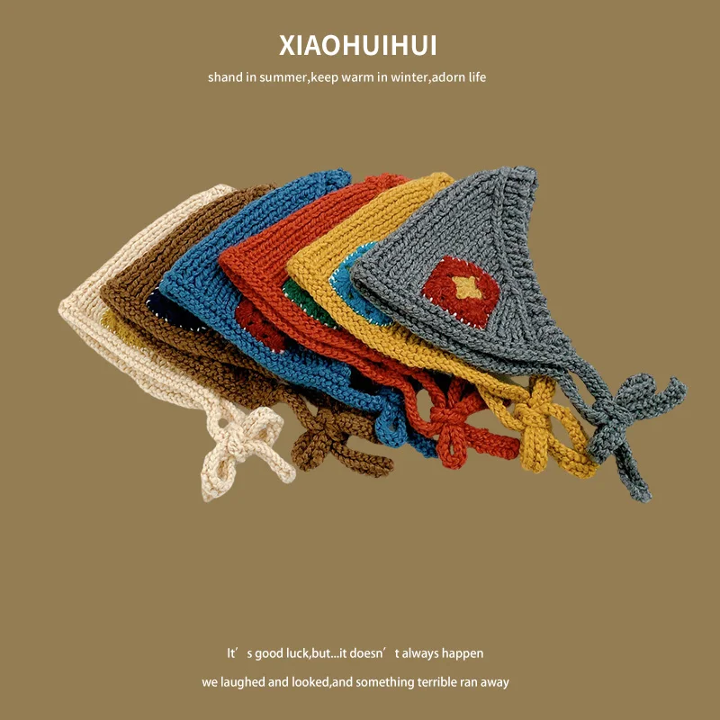 Korea new retro handmade lace-up knitted triangular headscarf women autumn winter warm earmuffs ear protectors wool headband