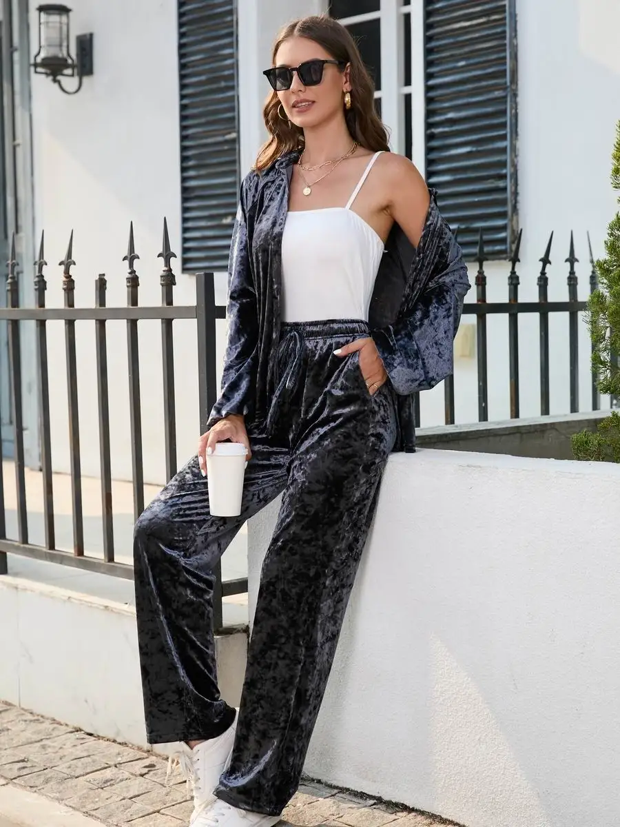 Soft Velvet Suit Clothing Autumn 2022 New Fashion Loose Shirt and Wide Leg Trousers Modern Girl Casual Top Pants Set Wears