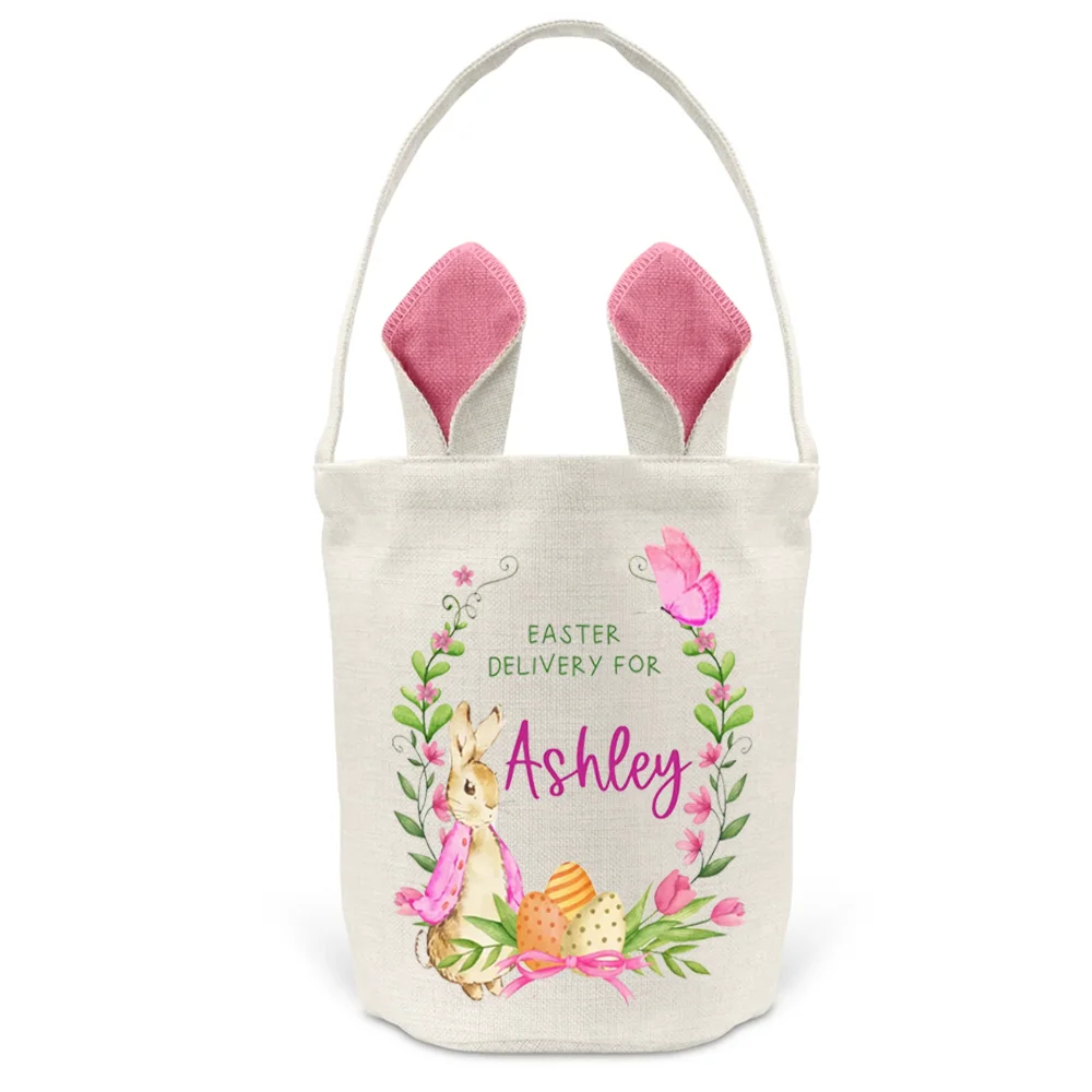 2025 Personalised Name Bunny Pink or Blue Rabbit Bag Easter Party Supplies Home Decor Egg Hunt Basket Kids Girls Boys Gifts Item