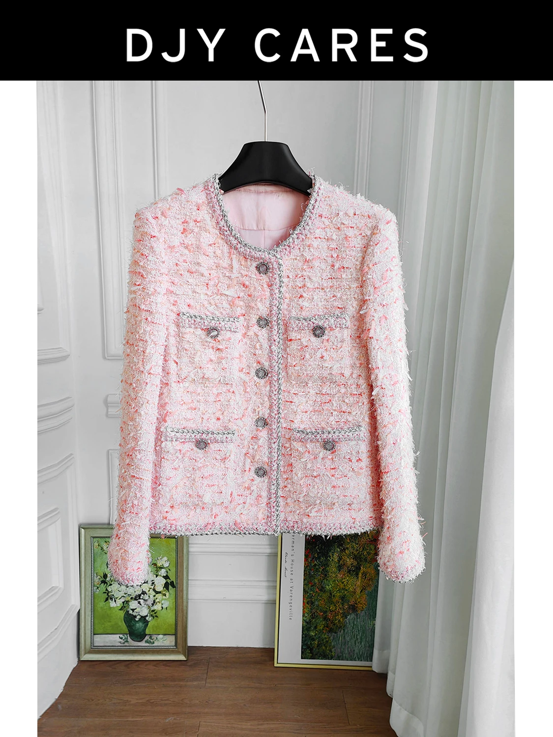 

New Coarse tweed pink round neck jacket top big size