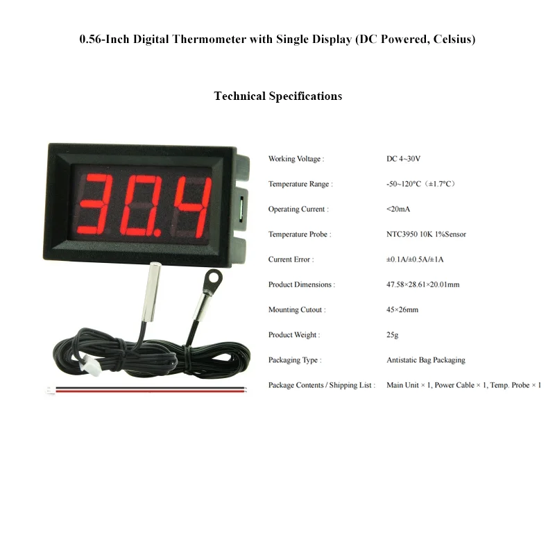 Termometer Digital DC 4-30V dengan Rentang Pengukuran -50 hingga 110 ° C