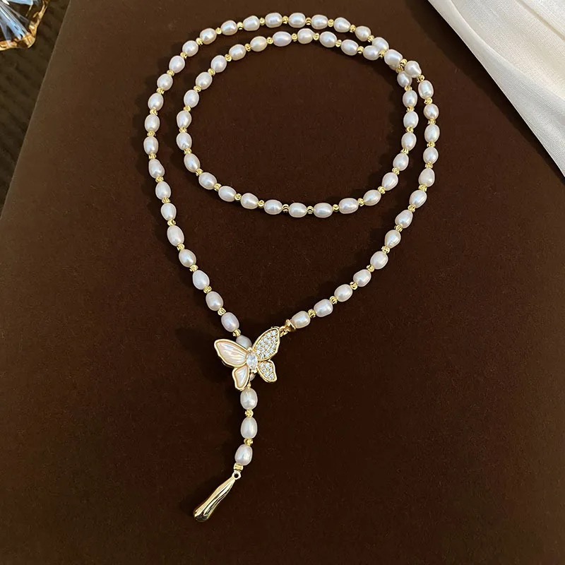 

High Quality Trendy Butterfly Natural Freshwater Pearl 14k Gold Filled Lady Necklace Jewelry Women Sweater Chain No Fade