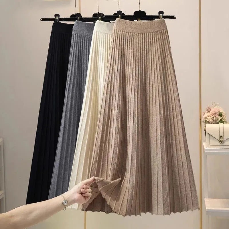 

Сплошной цвет, универсальные повседневные юбки-миди, женские осенне-зимние популярные вязаные длинные юбки, корейские свободные плиссированные юбки