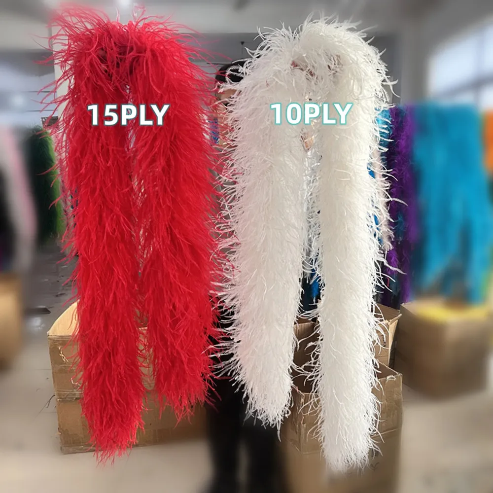 10 Ply 15ply Hot Sale Ostrich Feather Boa 2 Meters Natural Ostrich plumes Scarf Wedding Dress Sewing Decorative Shawl Colored