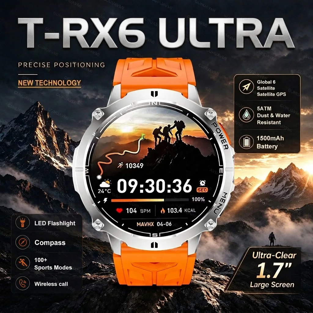 2026 Hot T-RX6 Sales Outdoor Built-in GPS Durable Sports Smart Watch 1500mAh Battery 5ATM Waterproof 1.7