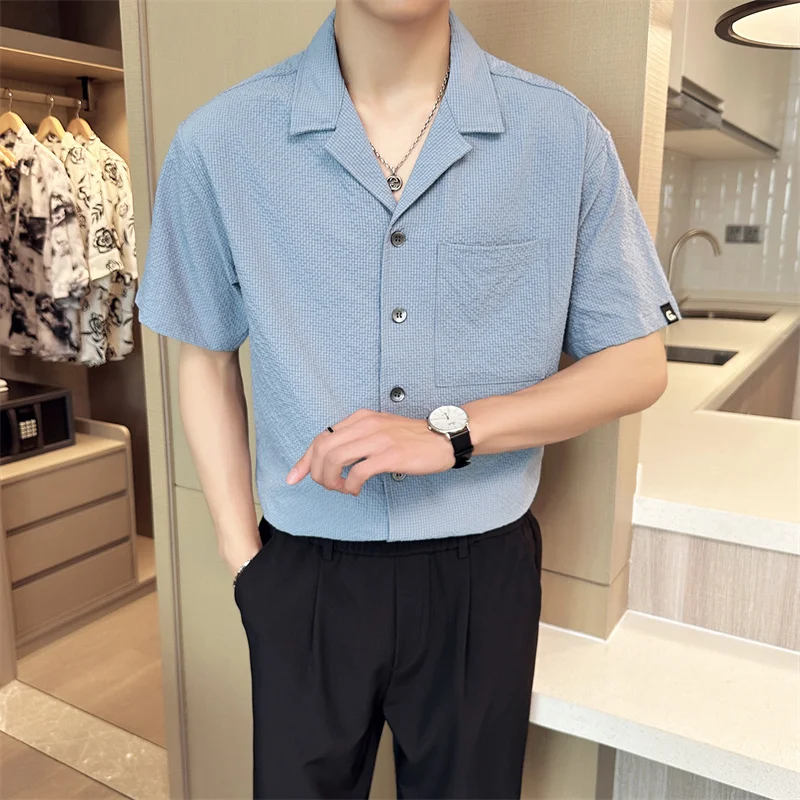 

Men's Clothing Summer New Casual V-neck Loose Shirt Men's Breathable Party Shirt British Style Solid Color Short-sleeved Shirt