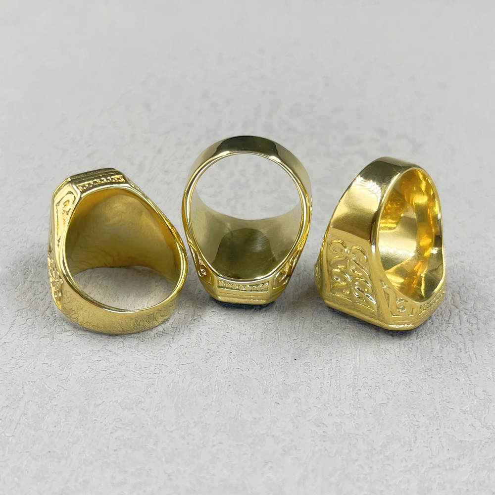 HIP hop Cool 316L Stainless Steel gold color ring Vintage retro pattern Man's Black yellow green red Stone women gift Ring
