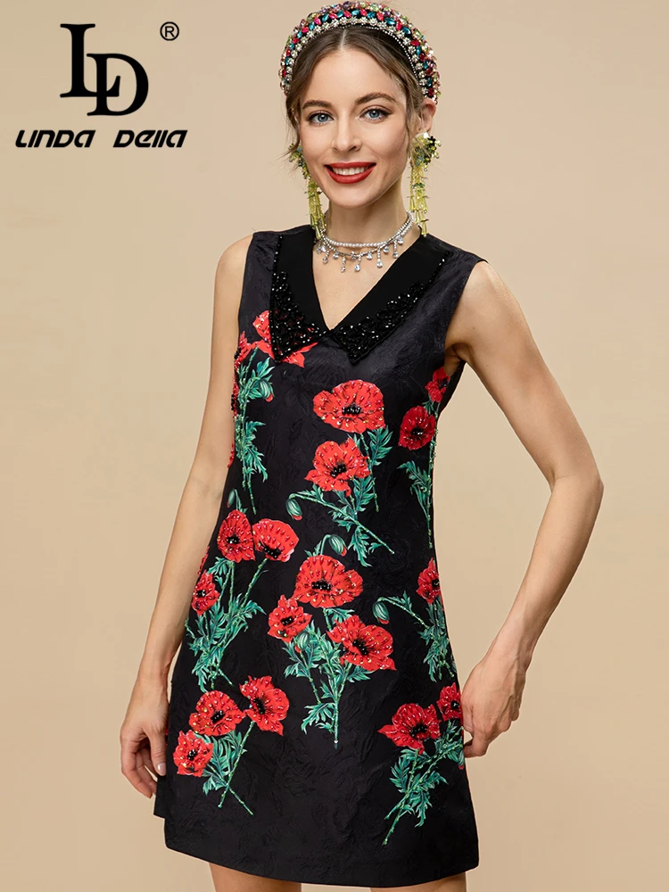 

LD LINDA DELLA Fashion Runway Summer Short Dress Women V-Neck crystal Beading Flower print Vintage Party Mini Dress