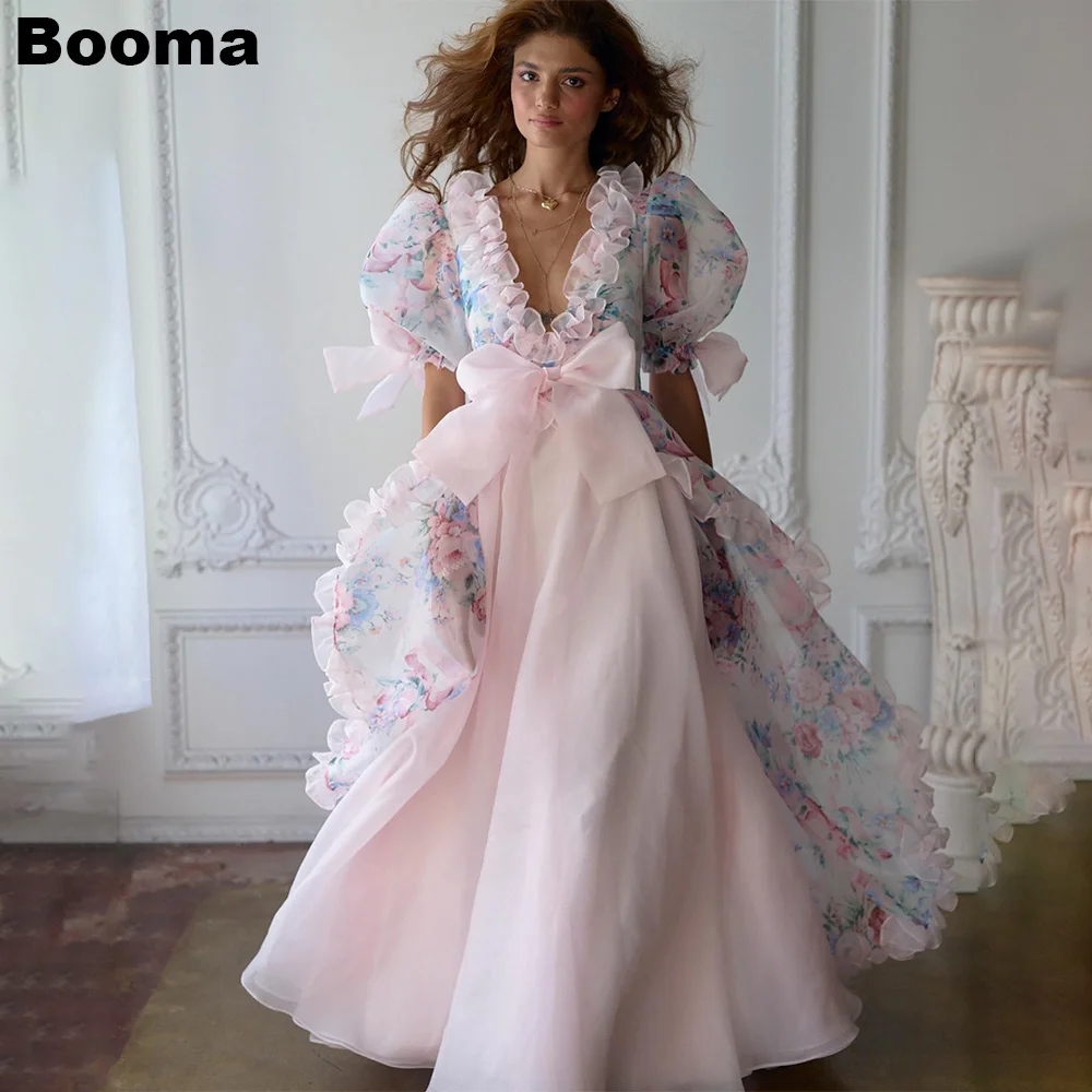 Booma Organza Selkie Long Princess Prom Dresses Ruffles Print Flowers Homecoming Graduation Dresses Short Sleeves Evening Dress