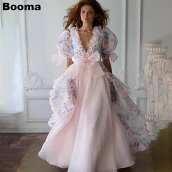 Booma Organza Selkie Long Princess Prom Dresses Ruffles Print Flowers Homecoming Graduation Dresses Short Sleeves Evening Dress