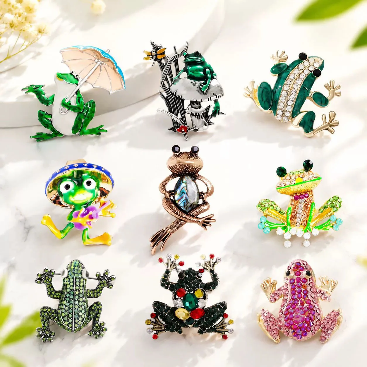 New fashion rhinestone animal brooch lotus leaf umbrella frog pin pendant men women versatile clothing accessories jewelry gift