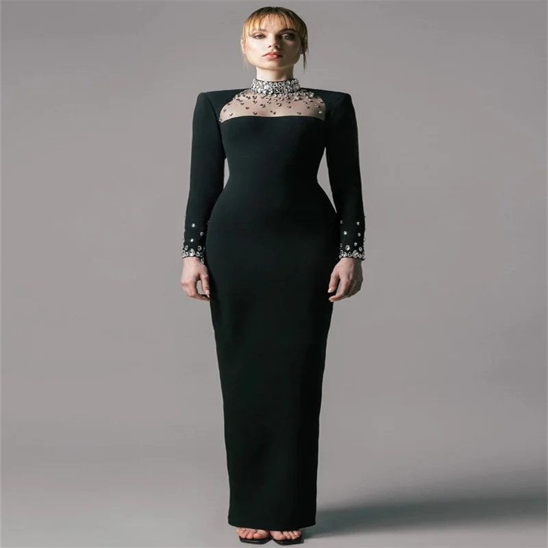 MULONG Modest Evening Dresses For Women High Neck Long Sleeve Beads Elegant Black Prom Gowns Female Dress Summer Latest fashion