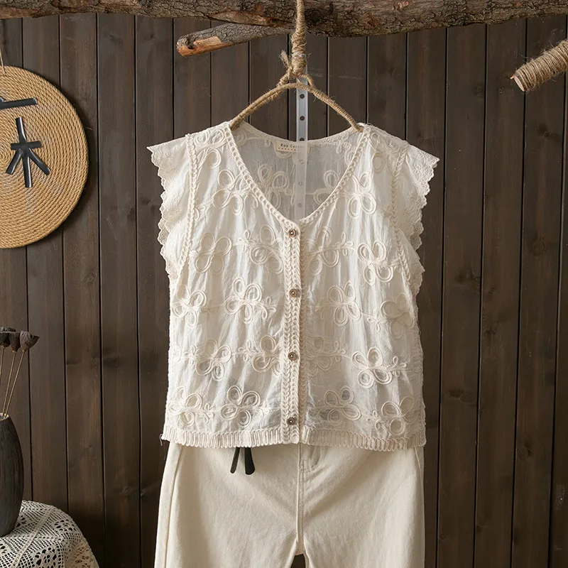 Boho Inspired blouse women tops chic hippie bohemian v neck white beige embroider shirts and blouses lace patchwork vest