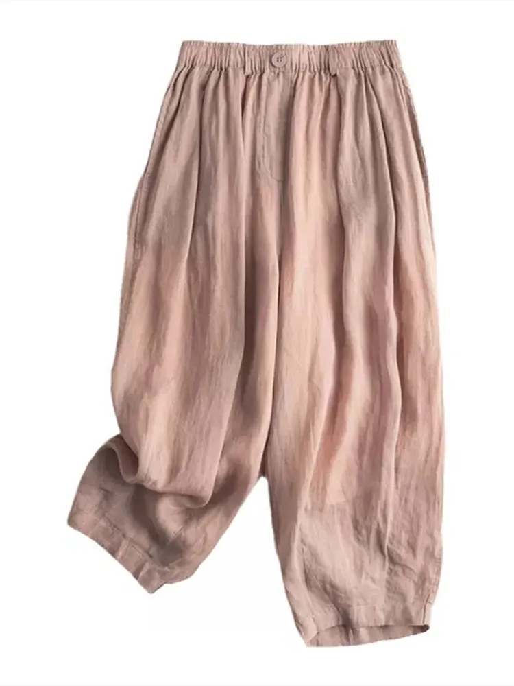 กางเกงลำลองผ้าฝ้ายลินินสำหรับฤดูร้อน ทรงฮาเร็ม ผู้หญิง ไซส์พลัส แฟชั่น ทรงเก้าส่วน ช่วยให้ดูผอม เอวสูง เหมาะสำหรับใส่ไปทำงาน...