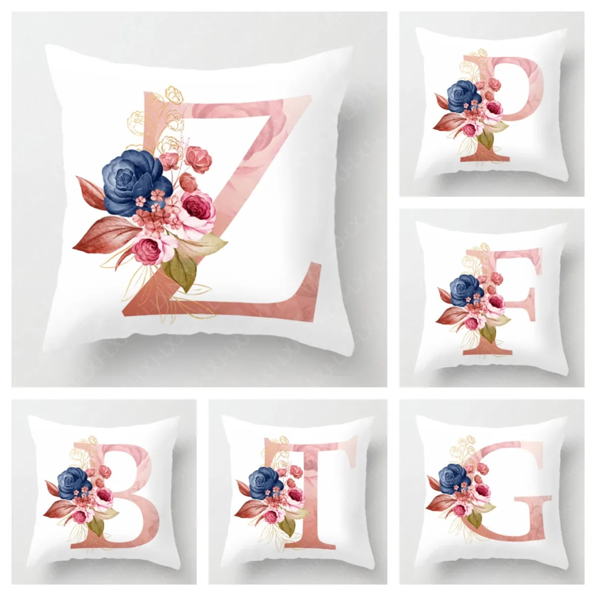 Blue Floral Blush 26 Alphabet Cushion Covers Alphabet Pillowcases Square Pillowcases Suitable for Bedroom Bed Living Room Sofa