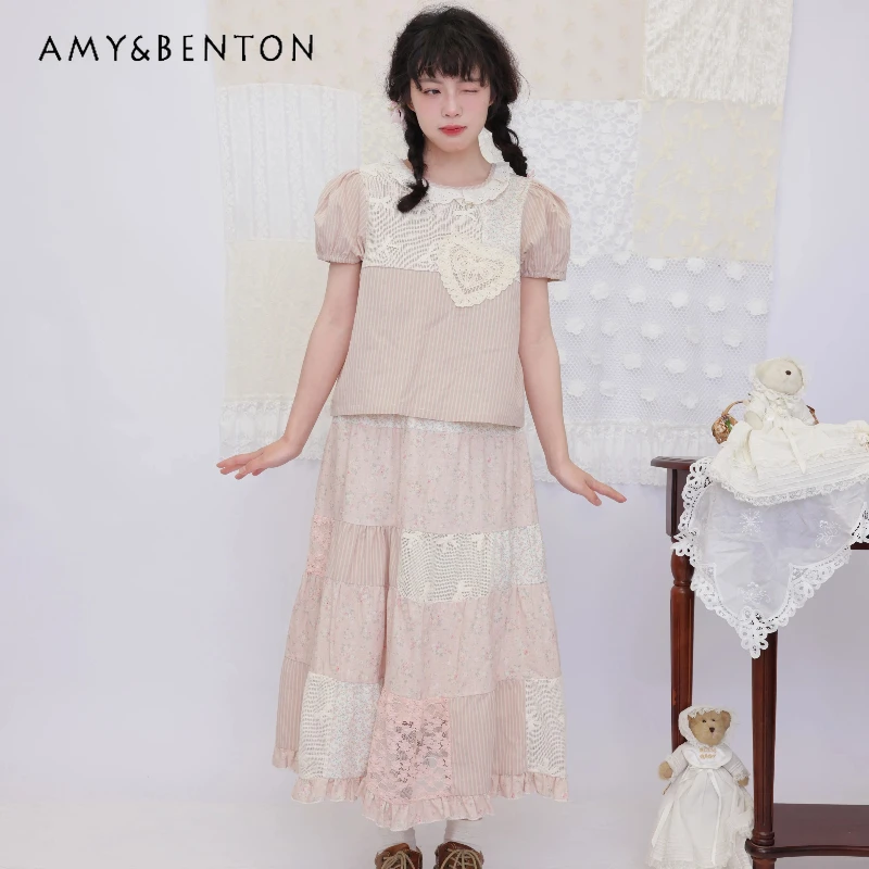 

Original Design Vintage Sweet Girls Floral Splicing Women's Long Skirt 2026 New Pink Lace Cute Bow Puff Sleeve Shirt Sets Ladies